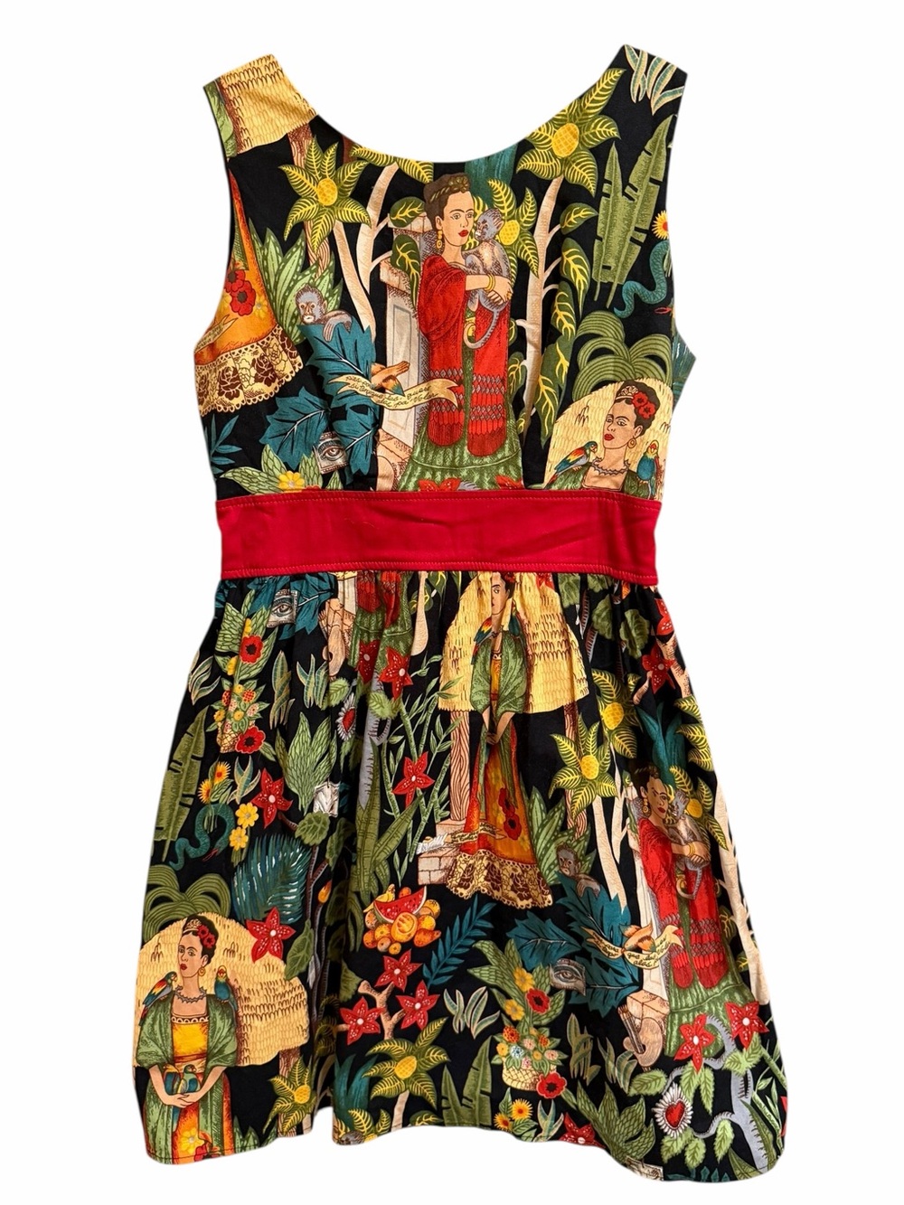 Hemet Frida Kahlo Mexican Folk Art Cotton Fit Flare Dress S Made USA